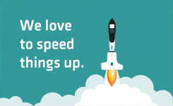 Image of a rocket made from a pipette and text reading we love to speed things up